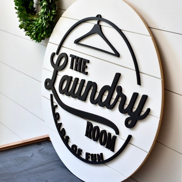 Laundry Room Sign, laundry room decor, loads of fun, 24" round shiplap, 3d lettering, laser cut, shelf decor, farmhouse sign