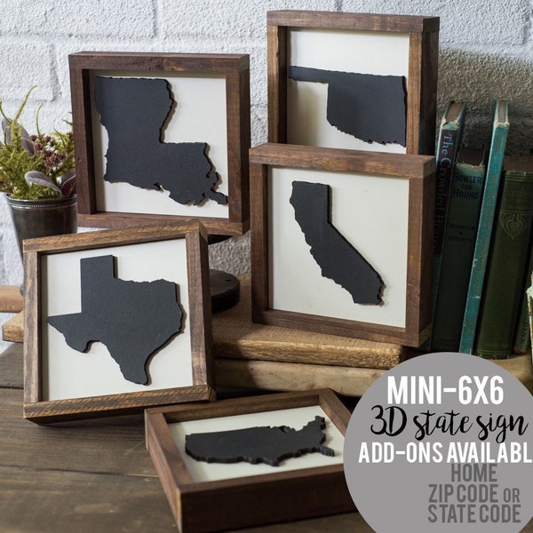 State Sign 6X6 Mini 3D letters Wood Sign Farmhouse Decor Shelf Decor Home Zip Code Farmhouse Mini Wood Sign State Silhouette Laser Cut