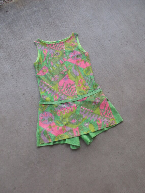 1960s metallic romper / 60s psychedelic micro mini