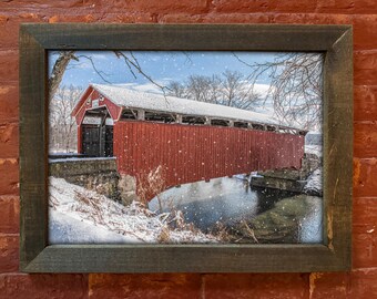 Wall Art, Framed Covered Bridge, Christmas Decor, Winter Wall Hanging, 14x20 11x14 8x10, Festive Home Decor, Winter Snow Picture, Christmas