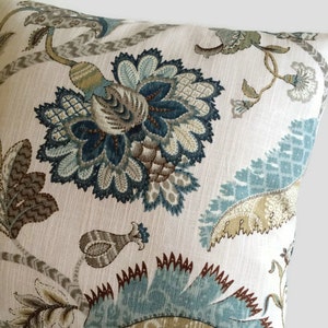 Farmhouse Floral Decorative Pillow Cover, Rustic Blue Brown Jacobean Cushion, French Country Cottage Decor, 20X20 22X22 24X24 Euro Lumbar image 5