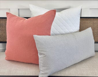 Set of 5 Spring Throw Pillows: Farmhouse Pillow Covers 2 22X22 White Quilted, 2 18X18 Coral Pink, 1 Black Horizontal Stripe 12X24 Lumbar