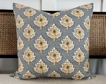 Floral Block Print Pillow Covers: Decorative Throw Pillows Gray Mustard Yellow 18X18 20X20 22X22 24X24 Euro Sham Lumbar Low Country Design