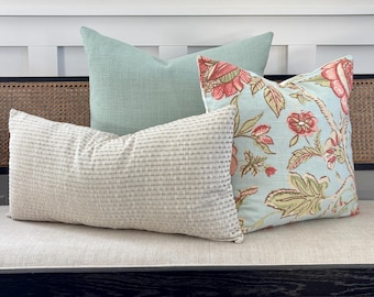 Set of 5 Spring Pillow Covers: 2 22X22 Sage Green Ballard Designs, 2 20X20 Thibaut Floral Blue Pink, 1 Champagne Chenille 12X24 Lumbar