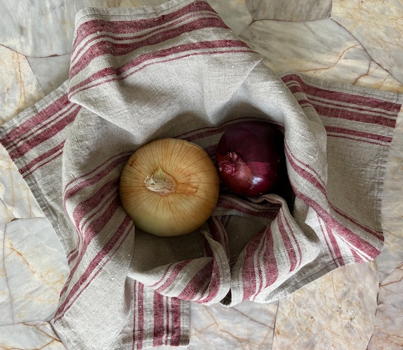 Red Ticking Stripe Linen Tea Towel: Large French Rustic Kitchen Towel Housewarming Birthday Gift, Christmas Tea Towel