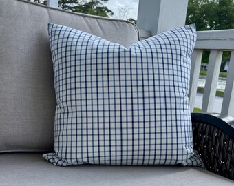 Navy Blue Gingham Check Indoor Outdoor Throw Pillow: Patio Porch Decor Decorative Pillow Covers 18X18 20X20 22X22 14X20 Lumbar Pillows