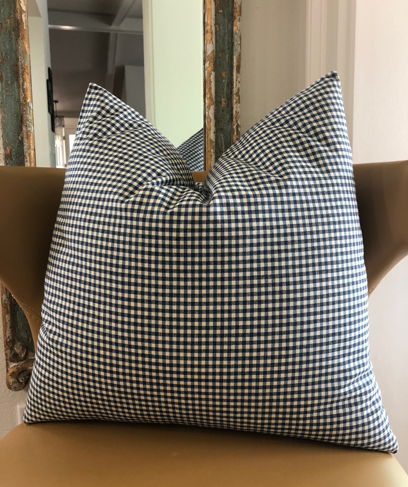 Farmhouse Style Gingham Check Throw Pillow Cover Navy Blue Etsy