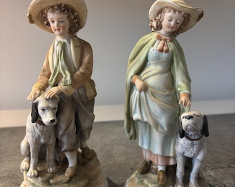 Vintage Porcelain SET by Andrea by Sadek #7069 Mint Condition Girl and Boy with English Setter Dog, Hand Painted Collectible Figurines 1970s