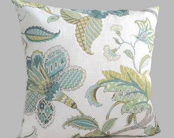 Jacobean Floral Decorative Throw Pillow Blue Green Cushion Cover, P. Kaufmann Designer Low Country Farmhouse 18X18 20X20 22X22 24X24 Lumbar