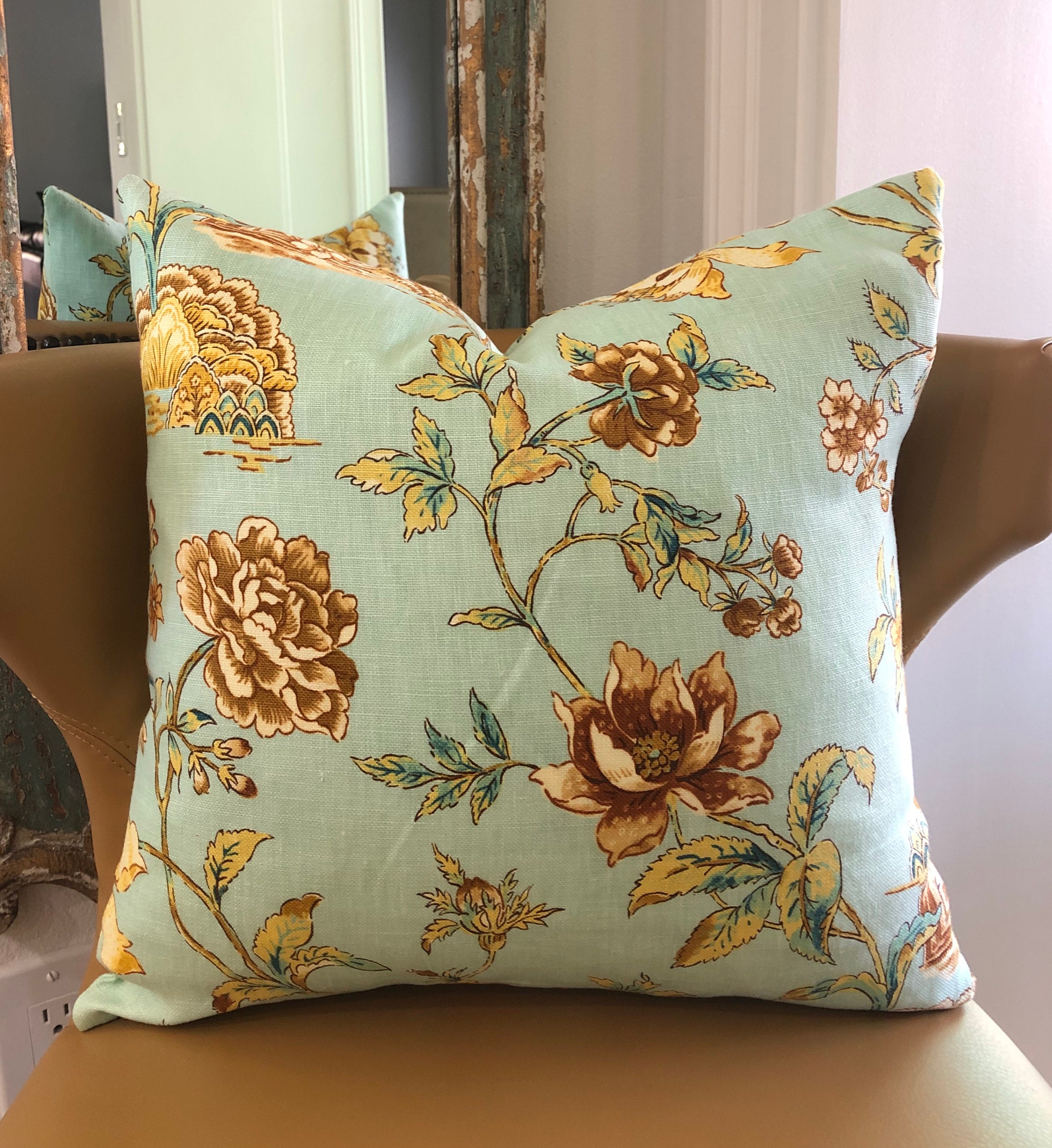 French Country Floral Decorative Throw Pillow Cover Seafoam Etsy