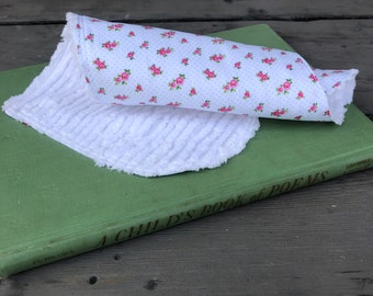 Baby Girl Burp Cloth, Shabby Chic Floral Spit Up Cloth, Baby Shower Gift, Cotton Chenille Contoured Burping Cloth, Pink Roses, Gift Set