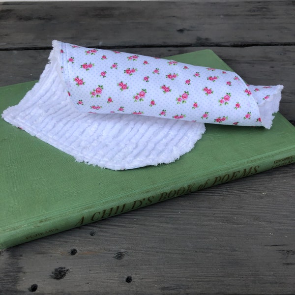 Baby Girl Burp Cloth, Shabby Chic Floral Spit Up Cloth, Baby Shower Gift, Cotton Chenille Contoured Burping Cloth, Pink Roses, Gift Set