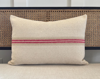 Red Striped Woven Lumbar Throw Pillows: French Country Farmhouse Decorative Lumbar Pillow Covers, Grain Sack Pillow 14X20 Lumbar