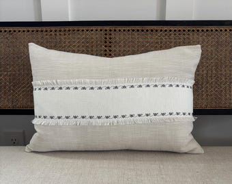 Custom Embroidered Floral Fringe Woven Striped Lumbar Throw Pillows: 14X20 Lumbar Lowcountry White Off-White Black
