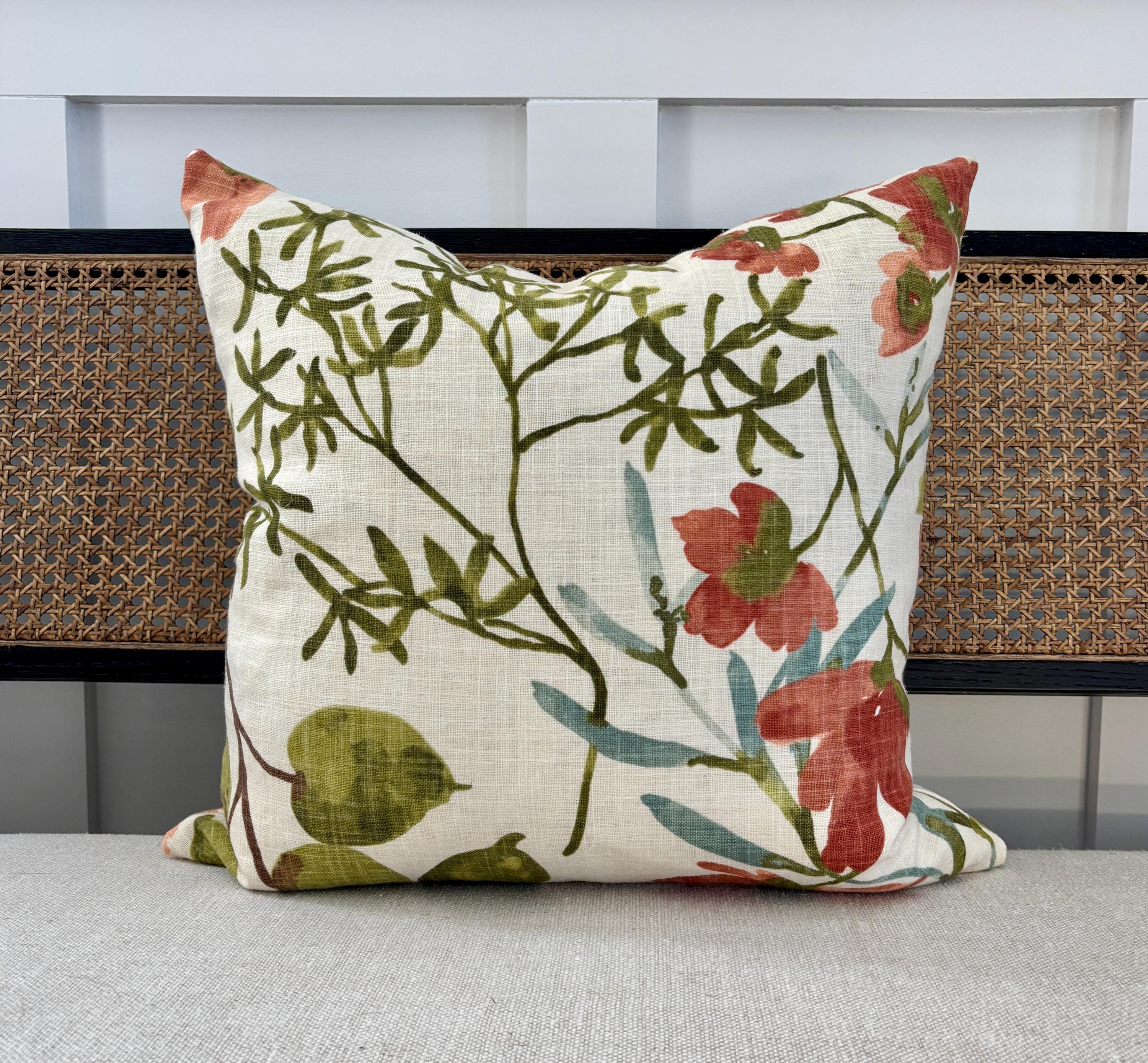 Floral Linen Watercolor Throw Pillows: Blue Green Coral Brown Designer ...