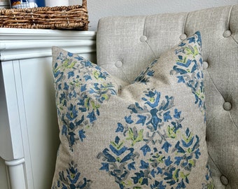 Lacefield Designs Blythe Aruba Decorative Throw Pillow Cover, Green Blue Floral Diamond Medallion Block Print, 20X20 22X22 24X24 Lumbar
