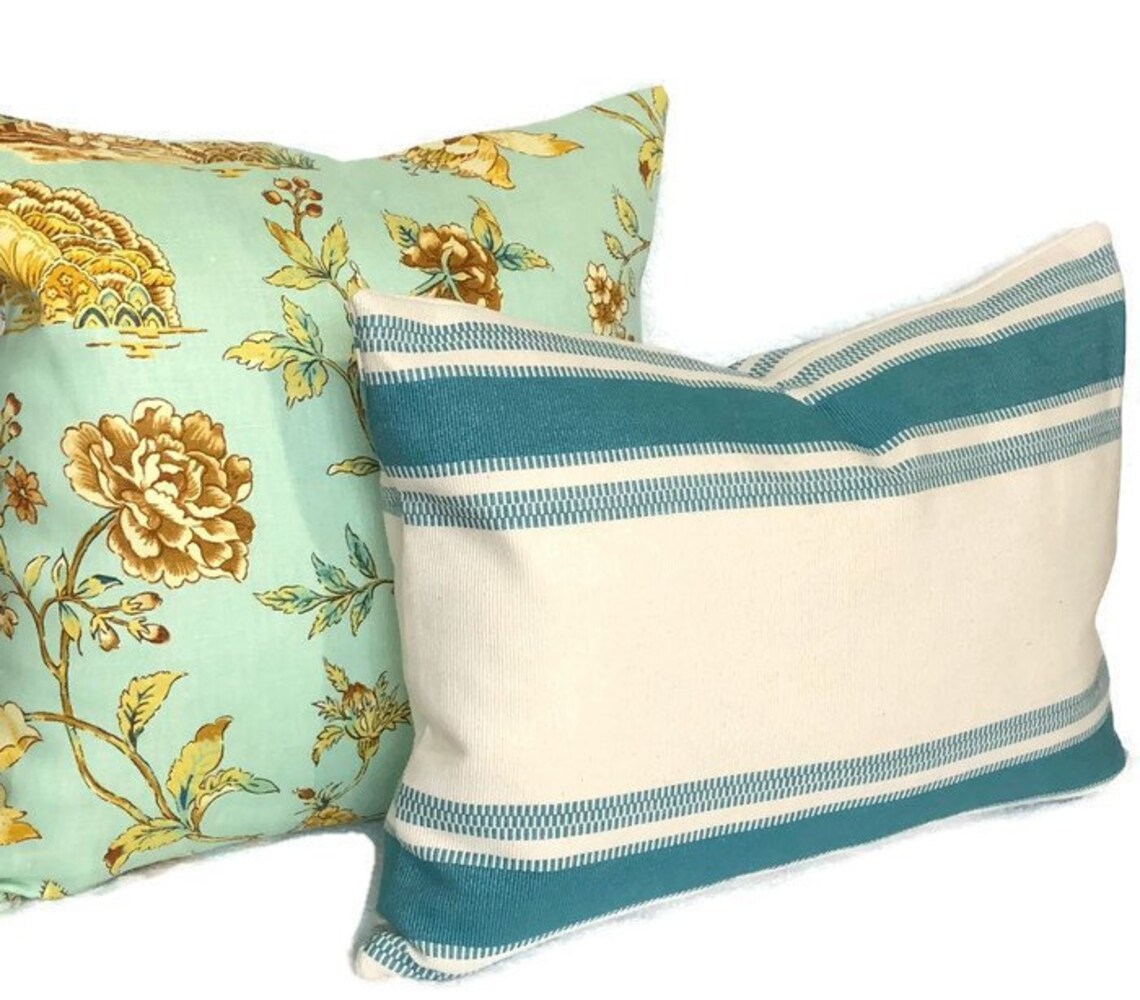 Teal Blue Decorative Striped Pillow Cover Rustic Stripe Etsy