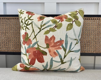 Floral Linen Watercolor Throw Pillows: Blue Green Coral Brown Designer Pillow Covers 18X18 20X20 22X22 24X24 Euro Sham Lumbar Low Country