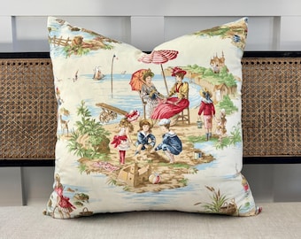 VINTAGE Victorian Seaside Toile Throw Pillows: Red Blue Brown Beach Designer Pillow Covers 18X18 20X20 22X22 24X24 Euro Sham