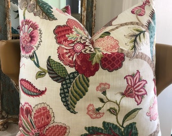 Jacobean Decorative Throw Pillow Cushion Cover, Farmhouse Cottage Floral Accent Pillow, Red Pink Teal 14X20 20X20 22X22 24X24 Euro Lumbar