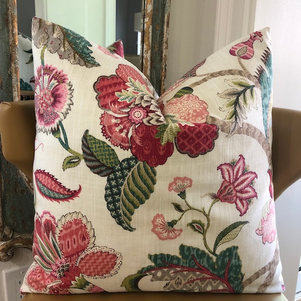 Jacobean Decorative Throw Pillow Cushion Cover, Farmhouse Cottage Floral Accent Pillow, Red Pink Teal 14X20 20X20 22X22 24X24 Euro Lumbar