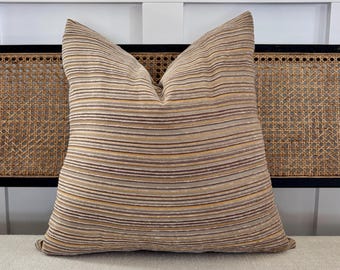 Scalamandre Chenille Textured Designer Throw Pillows 18X18 20X20 22X22 24X24 Euro Sham Lumbar Brown Gold Horizontal Stripe Pillow Covers
