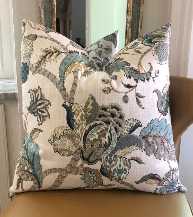 Farmhouse Floral Decorative Pillow Cover, Rustic Blue Brown Jacobean Cushion, French Country Cottage Decor, 20X20 22X22 24X24 Euro Lumbar image 2