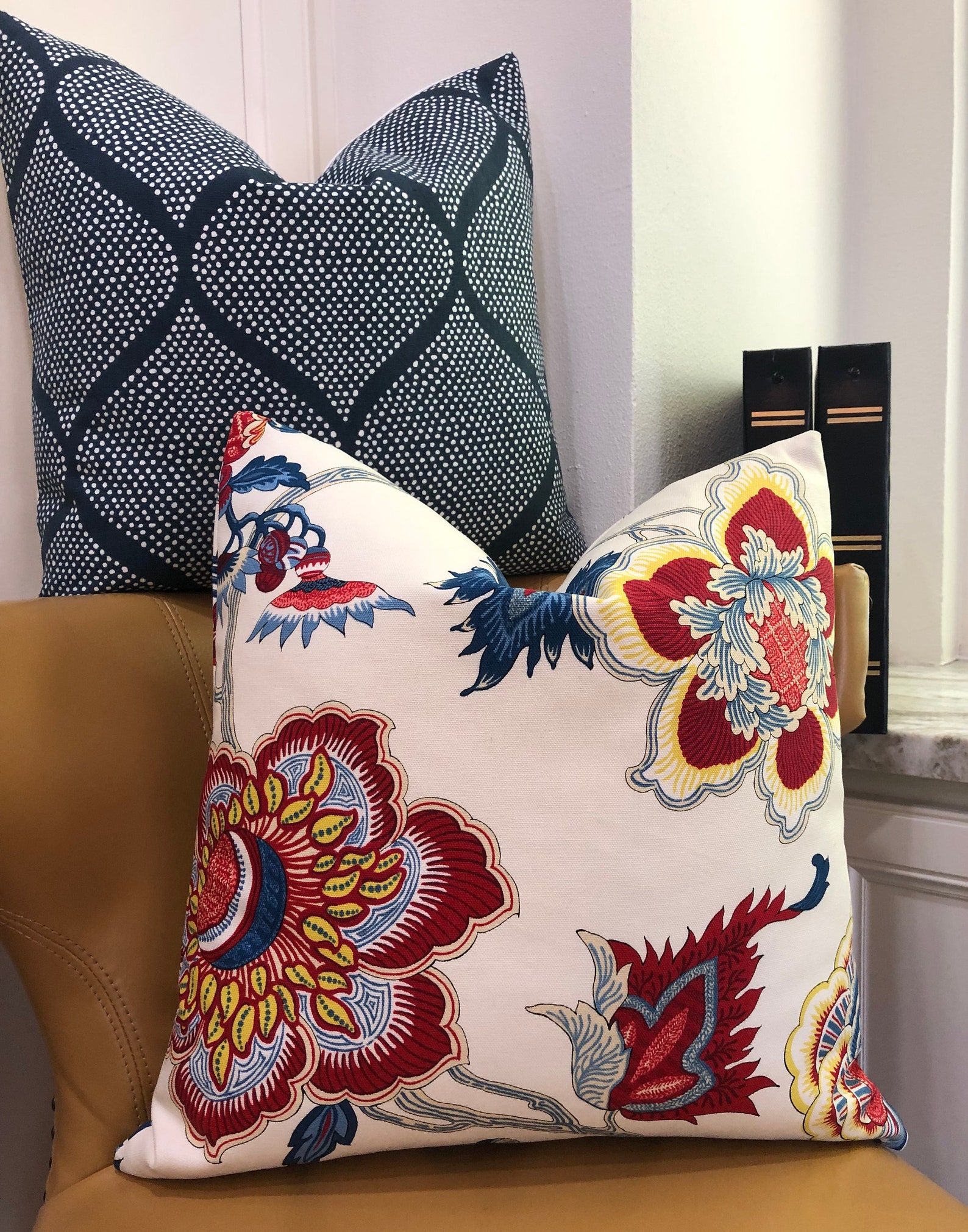 Red Blue Jacobean Decorative Pillow Cover Iman Samoan Etsy
