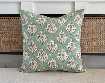 Green Floral Block Print Throw Pillows: Sage Green Brown Decorative Pillow Cover 18X18 20X20 22X22 24X24 Euro Sham Lumbar Lowcountry Design