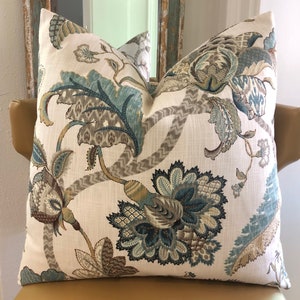 Farmhouse Floral Decorative Pillow Cover, Rustic Blue Brown Jacobean Cushion, French Country Cottage Decor, 20X20 22X22 24X24 Euro Lumbar
