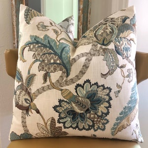 Farmhouse Floral Decorative Pillow Cover, Rustic Blue Brown Jacobean Cushion, French Country Cottage Decor, 20X20 22X22 24X24 Euro Lumbar image 1