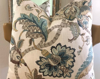 Farmhouse Floral Decorative Pillow Covers, Rustic Blue Brown Jacobean French Country Throw Pillows 20X20 22X22 24X24 Euro Sham Lumbar