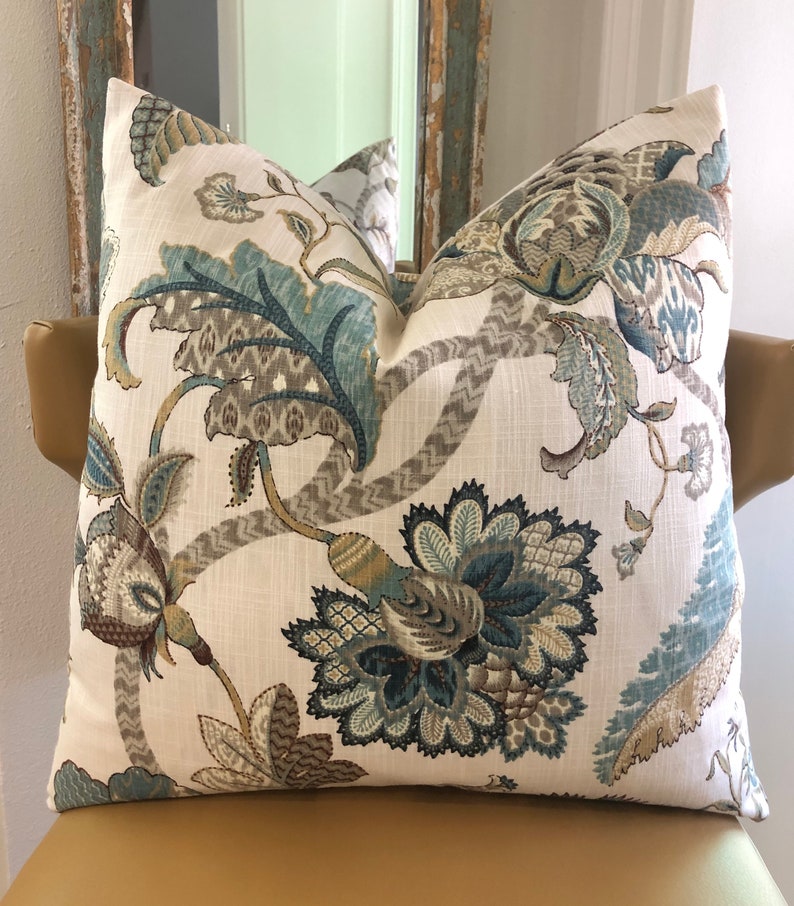 Farmhouse Floral Decorative Pillow Cover, Rustic Blue Brown Jacobean Cushion, French Country Cottage Decor, 20X20 22X22 24X24 Euro Lumbar image 1