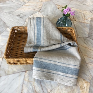 Linen Blue Ticking Stripe Tea Towel, LARGE French Style Blue Rustic 100% Heavy Linen Towel for Kitchen or Bath  17.5” W x 28.25” L