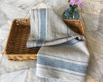 Linen Blue Ticking Stripe Tea Towel, LARGE French Style Blue Rustic 100% Heavy Linen Towel for Kitchen or Bath  17.5” W x 28.25” L