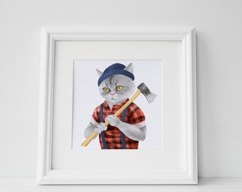 Printable Lumberjack Cat Kitten Print Instant Download Digital File Decor Room Wall Art Poster 10x10 12x12