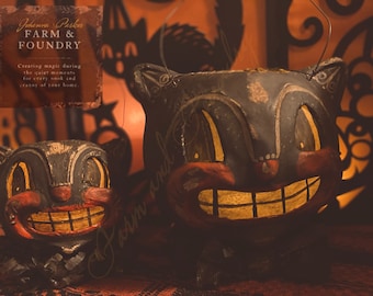 Medium Folk Cat Bucket Lantern| Vintage Halloween| In Collaboration with Johanna Parker|Paper Clay| Plaster Art| Halloween Folk Art Cat