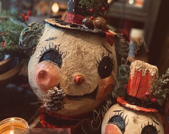 Handmade XL Folksy Snowman| Paper Clay| Vintage Christmas| Paper-Mache| Christmas Folk Art| Primitive Christmas Decor