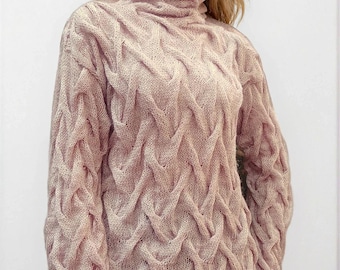 Hand Knit Mohair Blend Turtleneck Sweater, Cabled Pullover Women's