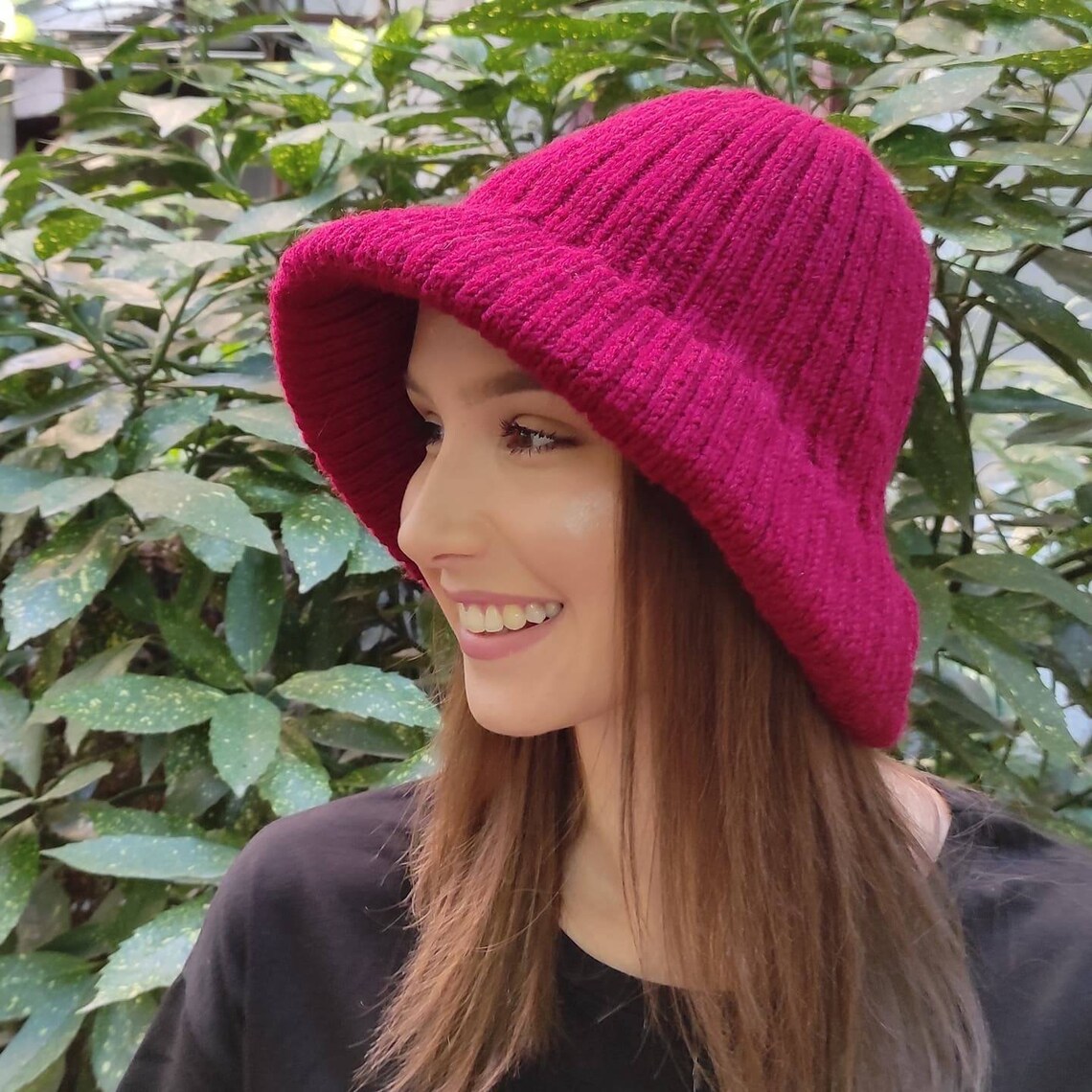 Bucket Winter Hat Women's Wool Knit Pink Wide Brimmed Hat Etsy