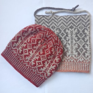 May include: Two knitted hats, one red and white with a geometric pattern and one brown and white with a chevron pattern.
