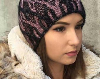 Sombrero de invierno para mujer Aran Cable Sombrero de punto colorido Sombrero de gorro rosa negro para mujer Sombrero de invierno Aran tejido a mano Sombrero de punto de cable único Gorro de mujer