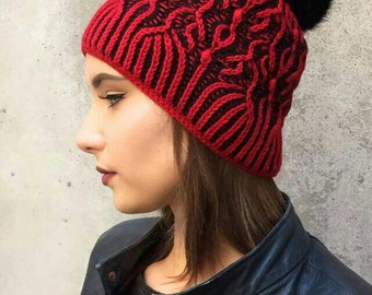 Women's Knit Hat Pompom Winter Beanie Hand Knit Unique Brioche Hat Red Black Women's Winter Hat Skull Hat Lux Knit OOAK Hat Knit Hat Pattern