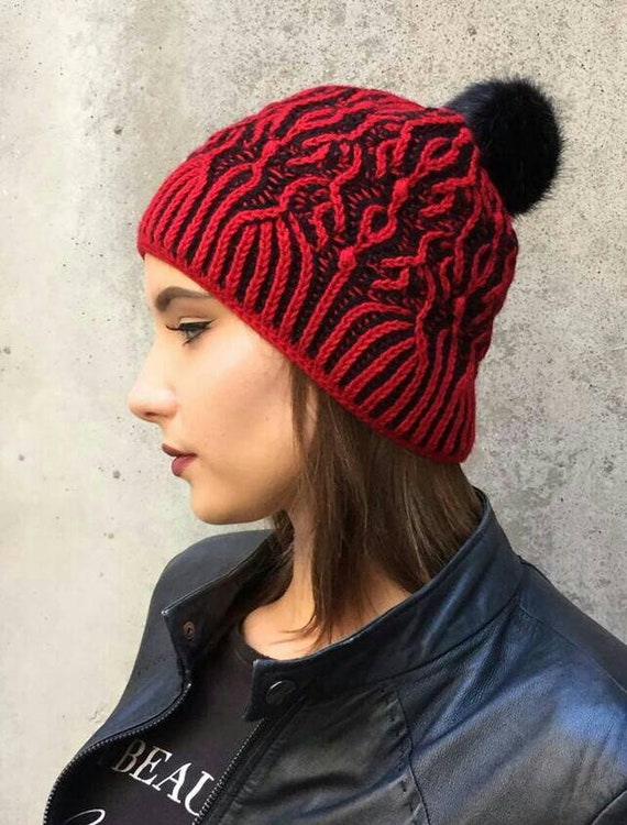 Women's Knit Hat Pompom Winter Beanie Hand Knit Unique