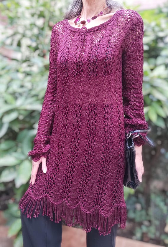 princess polly baby blue dress Burgundy knit dress, Lace knit dress, Elongated sleeve dress, Hand knit  fringed tunic, Cotton knit burgundy tunic, Unique lace elegant dress
