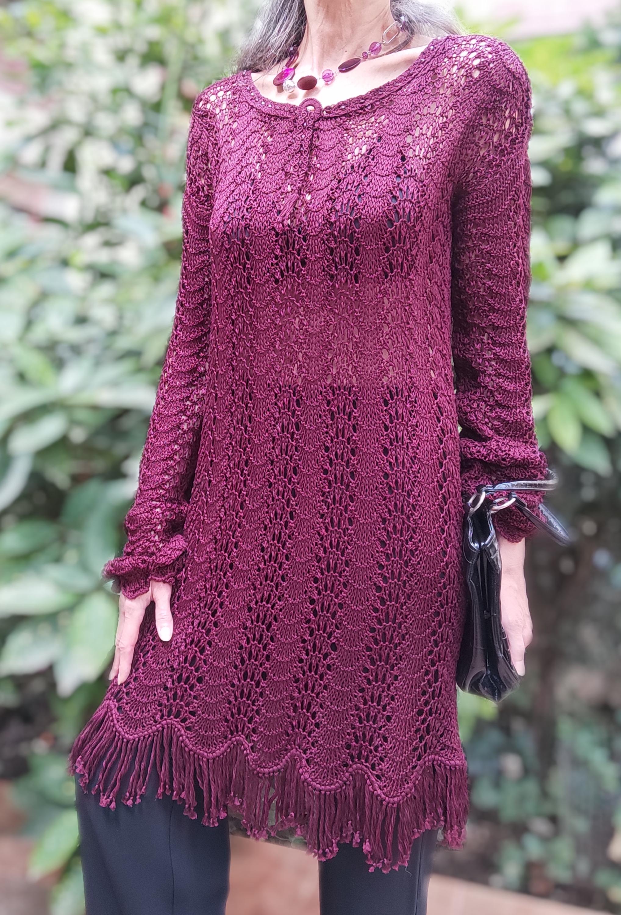 Burgundy knit dress, Lace knit dress, Elongated sleeve dress, Hand knit fringed tunic, Cotton knit burgundy tunic, Unique lace elegant dress Burgundy knit dress, Lace knit dress, Elongated sleeve dress, Hand knit fringed tunic, Cotton knit burgundy tunic, Unique lace elegant dress