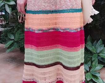 Long Colorful Skirt Knitting Pattern, Leftover Cotton Knit Skirt Pattern, Summer Striped Strapless Dress, Striped Knit Colorful Dress