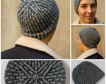 Gorro de invierno para hombre, patrón de tejido, Brioche de 2 colores, patrón de gorro de punto para hombre, gorro cálido de moda para hombre, patrón de Brioche de 2 colores, regalo para hombre, sombrero de invierno