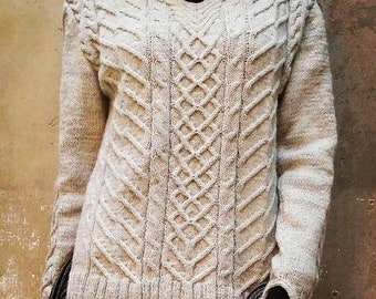 Alpaca Soft Women's Sweater Aran Cable Knit Grey Alpaca Sweater Hand Knit Sweater Women's V-neck Pullover Long Sleeves Women's Lux Xmas Gift