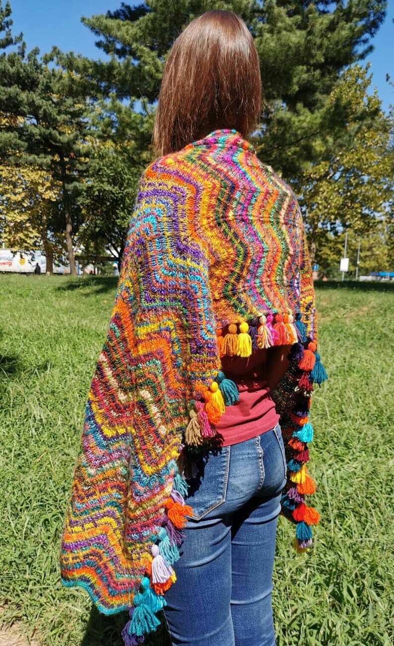 Striped Blanket Scarf Knitting Pattern Colorful Women/'s Knit Shawl Women/'s Striped Transformer PDF Colorful Knit Chevron Striped Poncho PDF